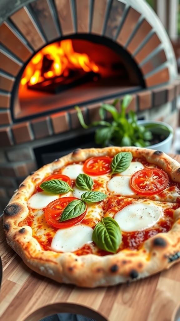 Outdoor Pizza Oven Recipe A delicious Margherita pizza with mozzarella, tomatoes, and basil, served outdoors.